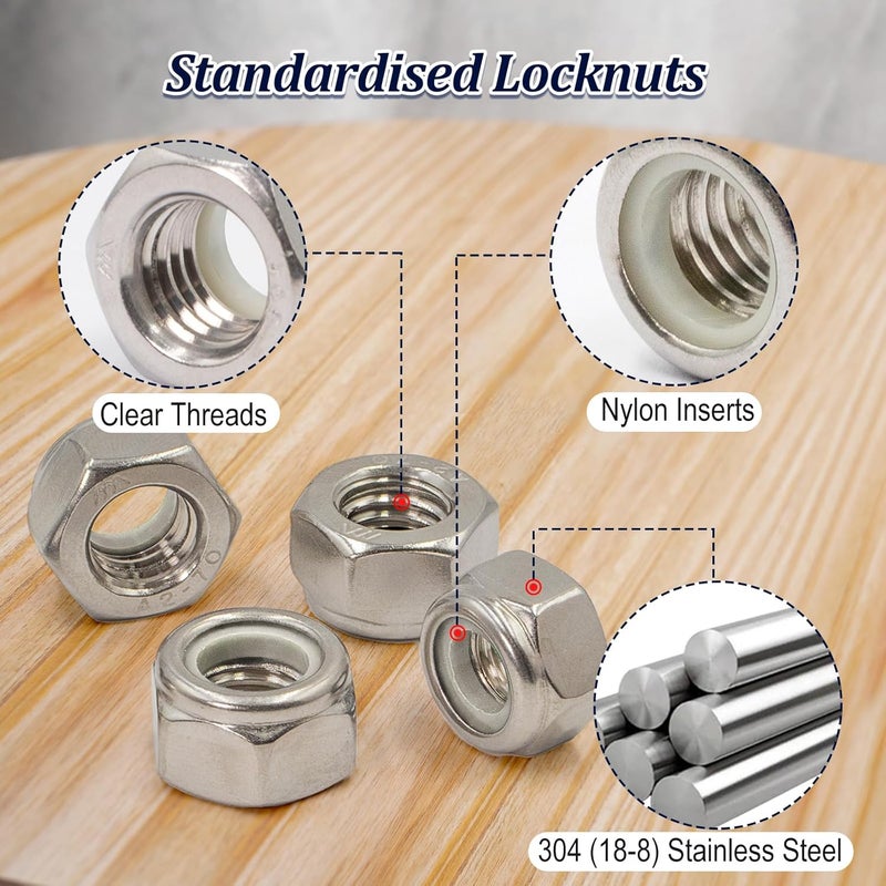 ZQZ 220 Pack SAE Nylon Insert Locknuts Assortment Kit,6#32 8#32 10#24 10#32 1/4"-20 5/16"-18 3/8"-16 1/2"-13 Nylock Nuts Sets,304 Stainless Steel Standard Inch Threaded Lock Nuts - Image 3
